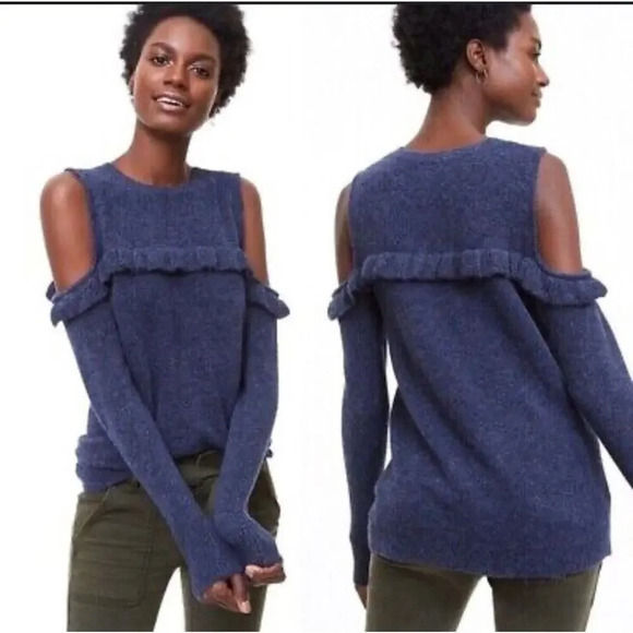 LOFT Sweater Blue Cold Shoulder Ruffle Fuzzy Stretch Long Sleeve‎ Womens Sz XL - Picture 1 of 7